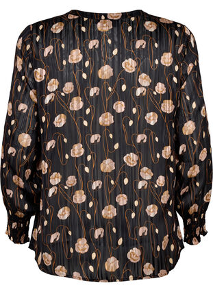 Bedruckte Bluse mit Smock und V-Ausschnitt, Black Flower, Packshot image number 1