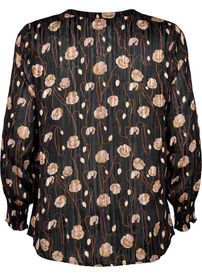 Bedruckte Bluse mit Smock und V-Ausschnitt, Black Flower, Packshot image number 1