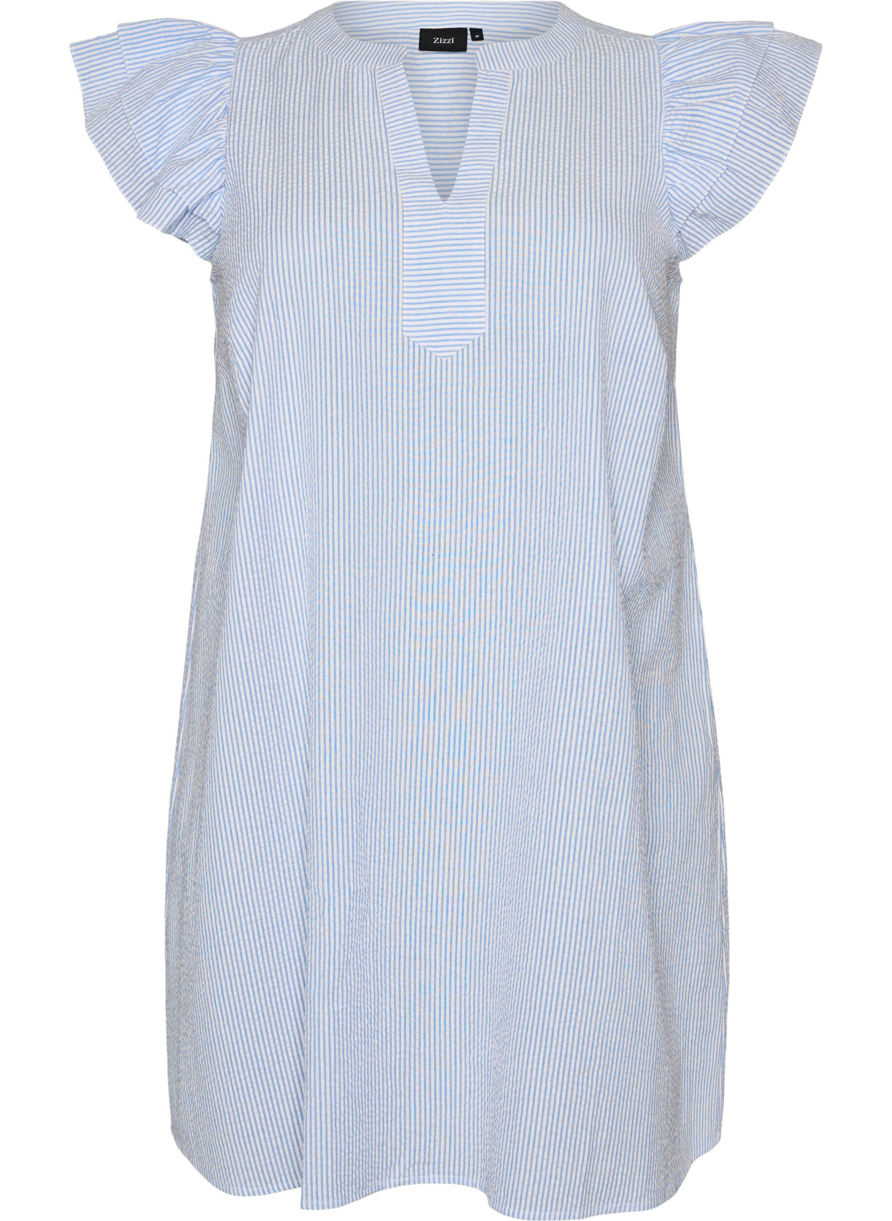 ZizziGestreiftes Kleid aus Baumwolle mit R&uuml;schen und A-Linien-Schnitt, Blau, Packshot image number 0