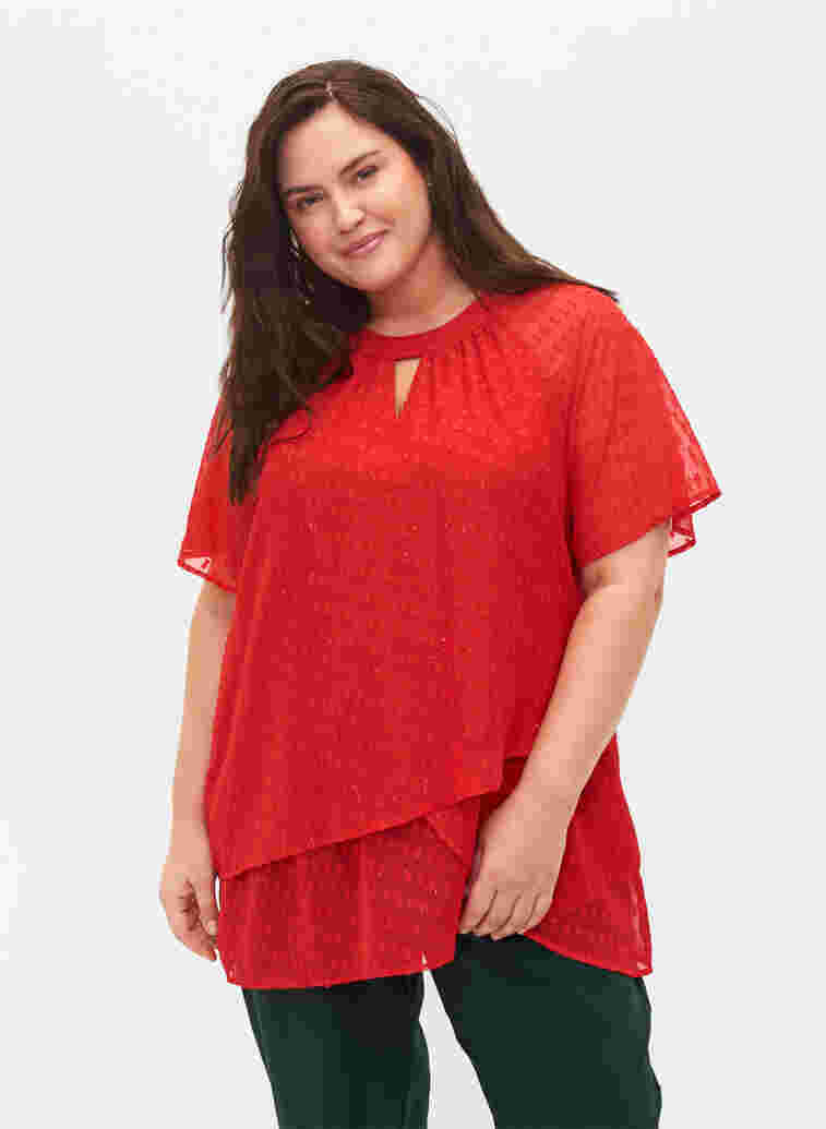 Bluse mit 2/4 Ärmeln aus gemustertem Chiffon, Tango Red, Model image number 0