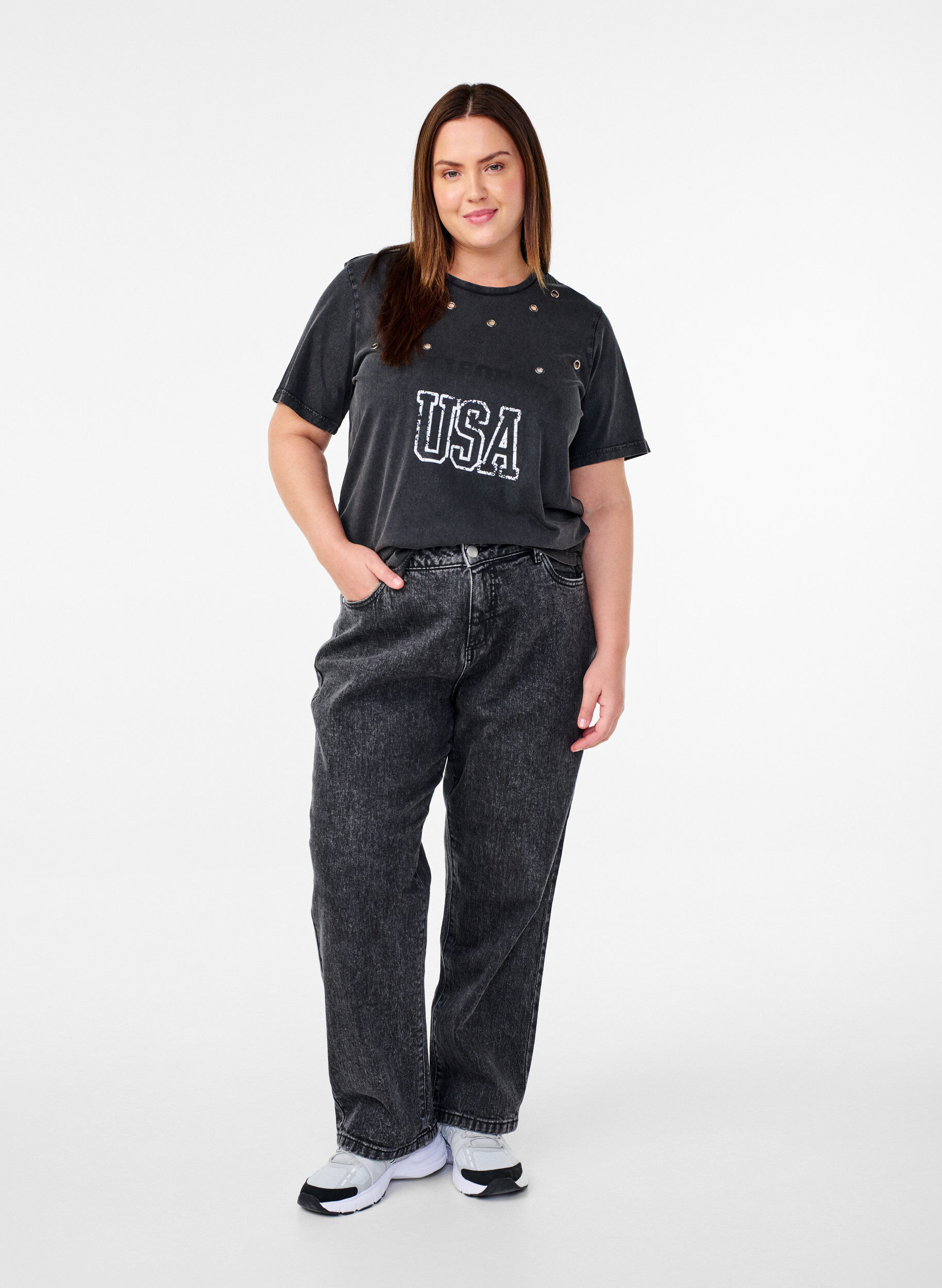 Zizzi T-Shirt mit &Ouml;sen und Print, Grey Washed , Model image number 2