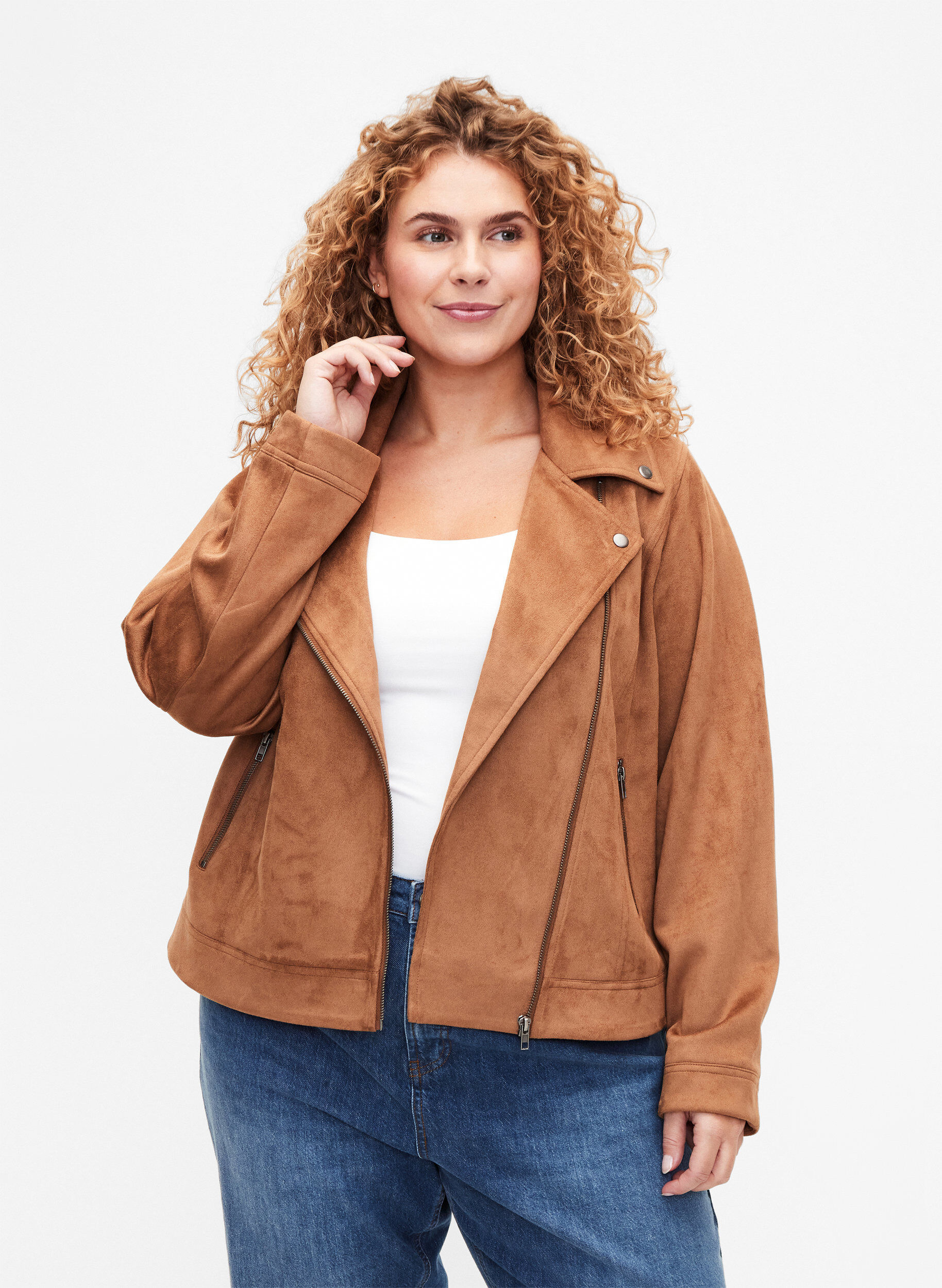 Zizzi Bikerjacke aus Wildlederimitat, Toasted Coconut, Model image number 0