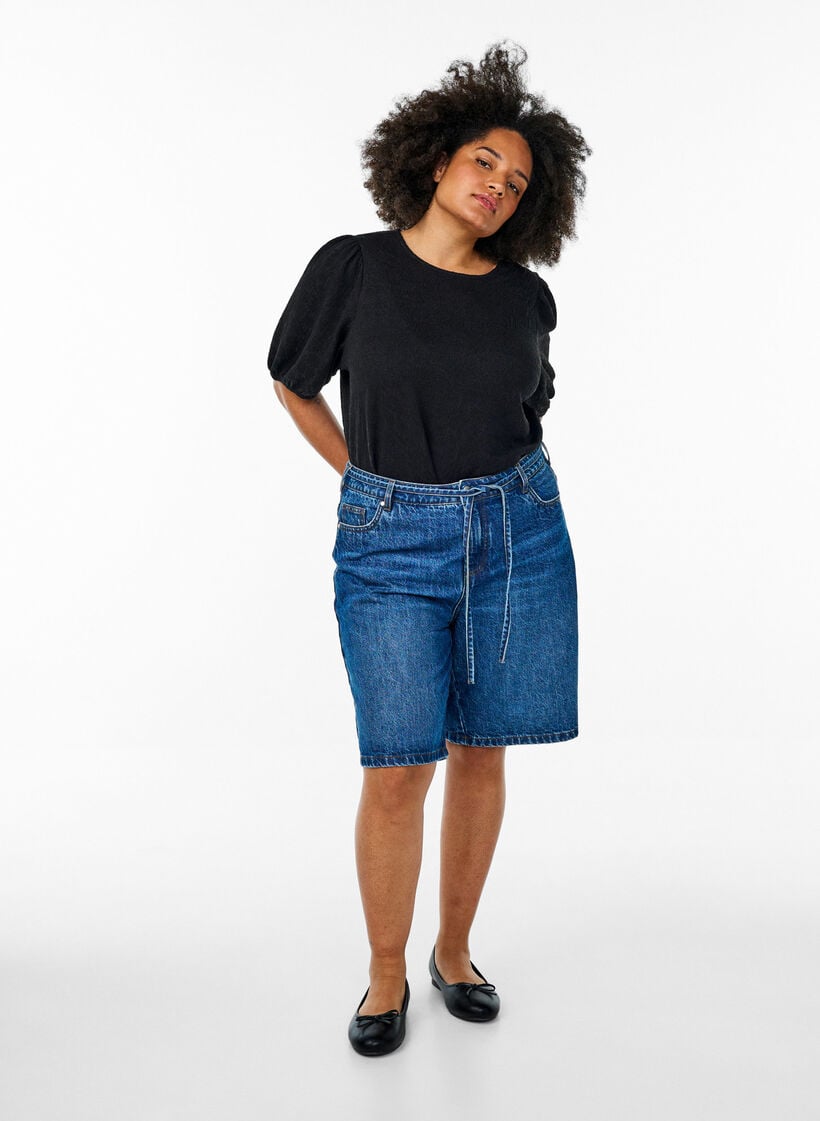 Strukturierte Bluse mit kurzen Ärmeln, Schwarz, Model image number 1