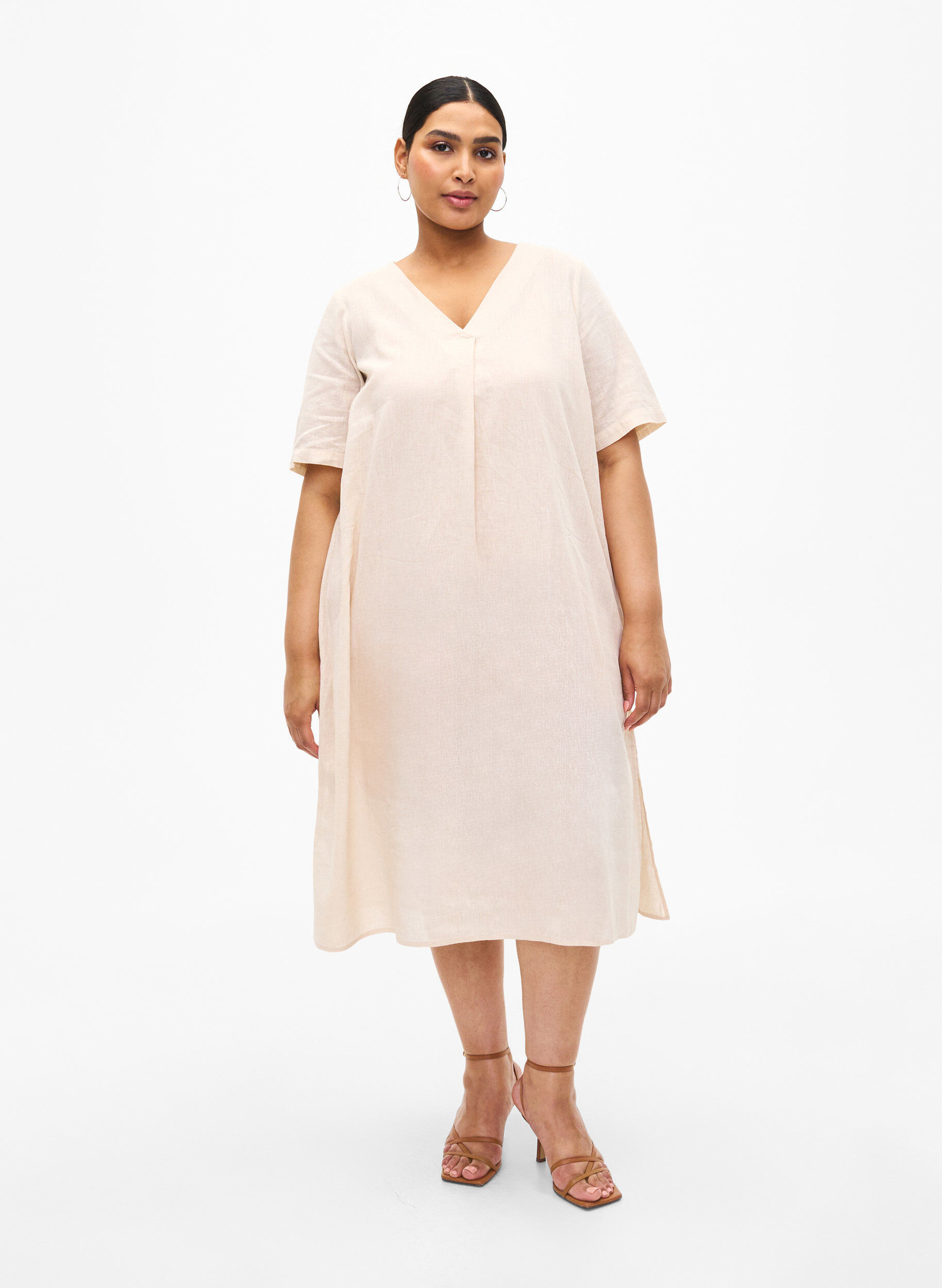 Zizzi Kaftan-Kleid aus Baumwollmischung mit Leinen, Beige, Model image number 1