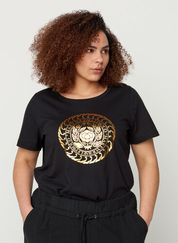 T-Shirt aus Baumwolle mit goldfarbenem Aufdruck, Black, Model image number 0