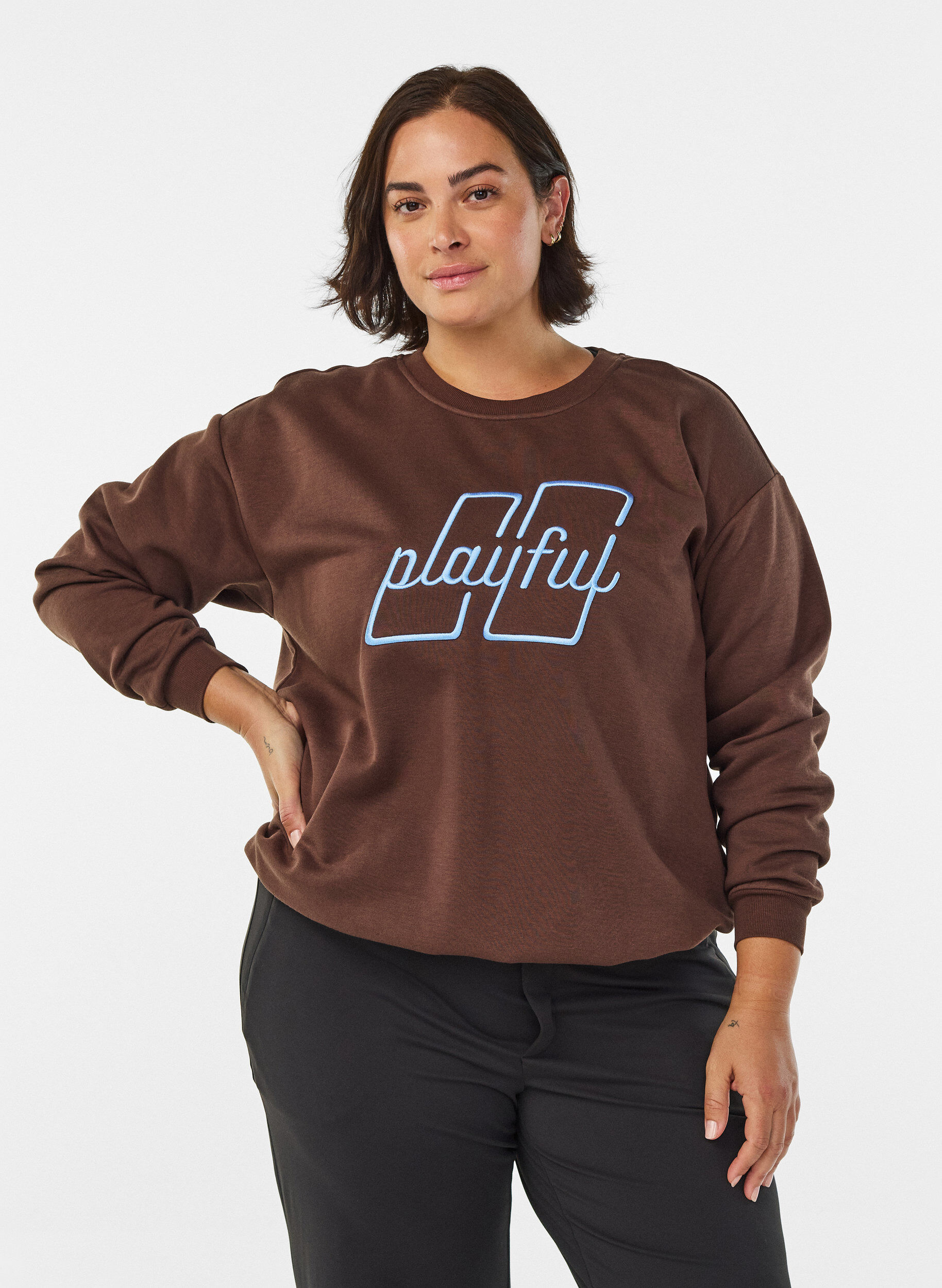 Sweatshirt mit gesticktem Text, Braun, Model