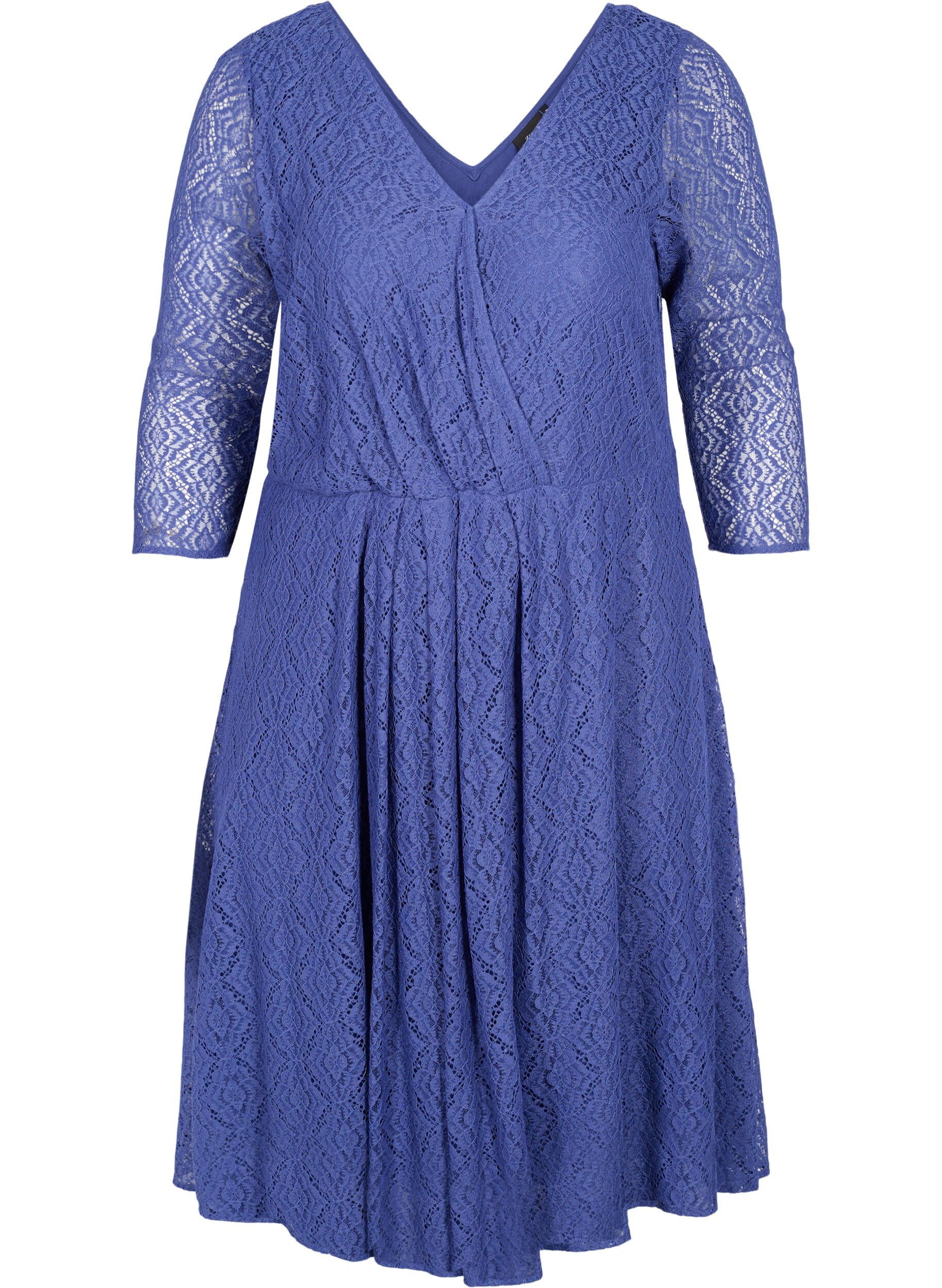 Zizzi Spitzenkleid mit V-Ausschnitt und 3/4-&Auml;rmeln, Blau, Packshot image number 0