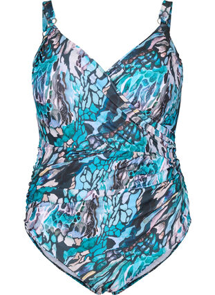 Badeanzug mit Print und Wickeleffekt., Blue Shell AOP, Packshot image number 0