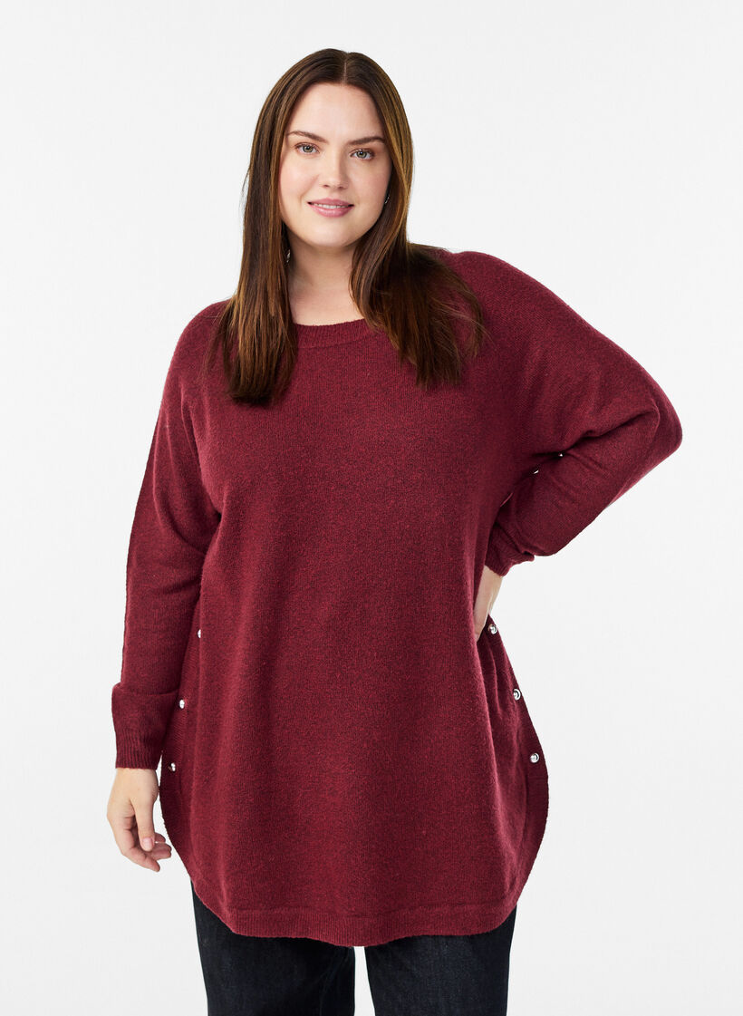 Lange Strickbluse mit Kugelkn&ouml;pfen, Dunkles Bordeaux, Model image number 0