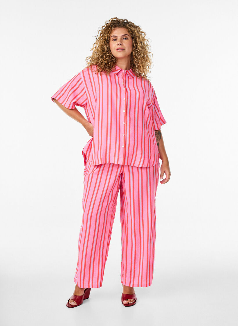 Gestreifte Hose mit hoher Taille und weiten Beinen, Pink, Model image number 0