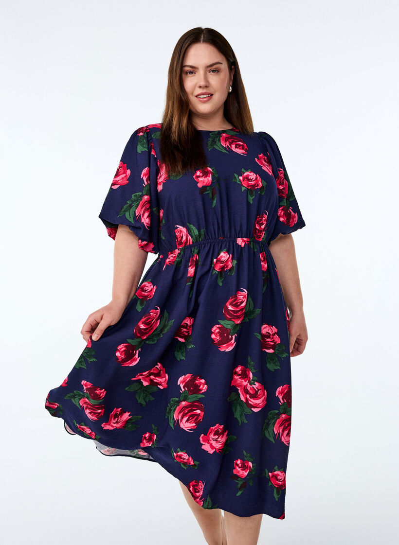 Midikleid mit Rosenprint und kurzen Ballonärmeln, Blau, Model image number 0