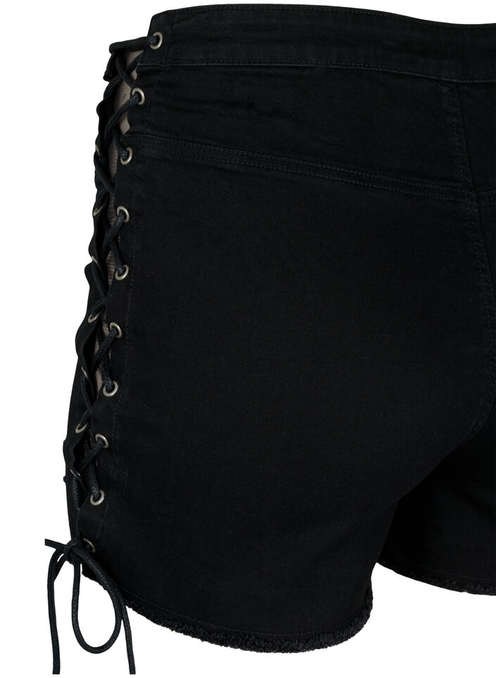 Gerippte Jeansshorts mit Schnüren, Black Denim, Packshot image number 3