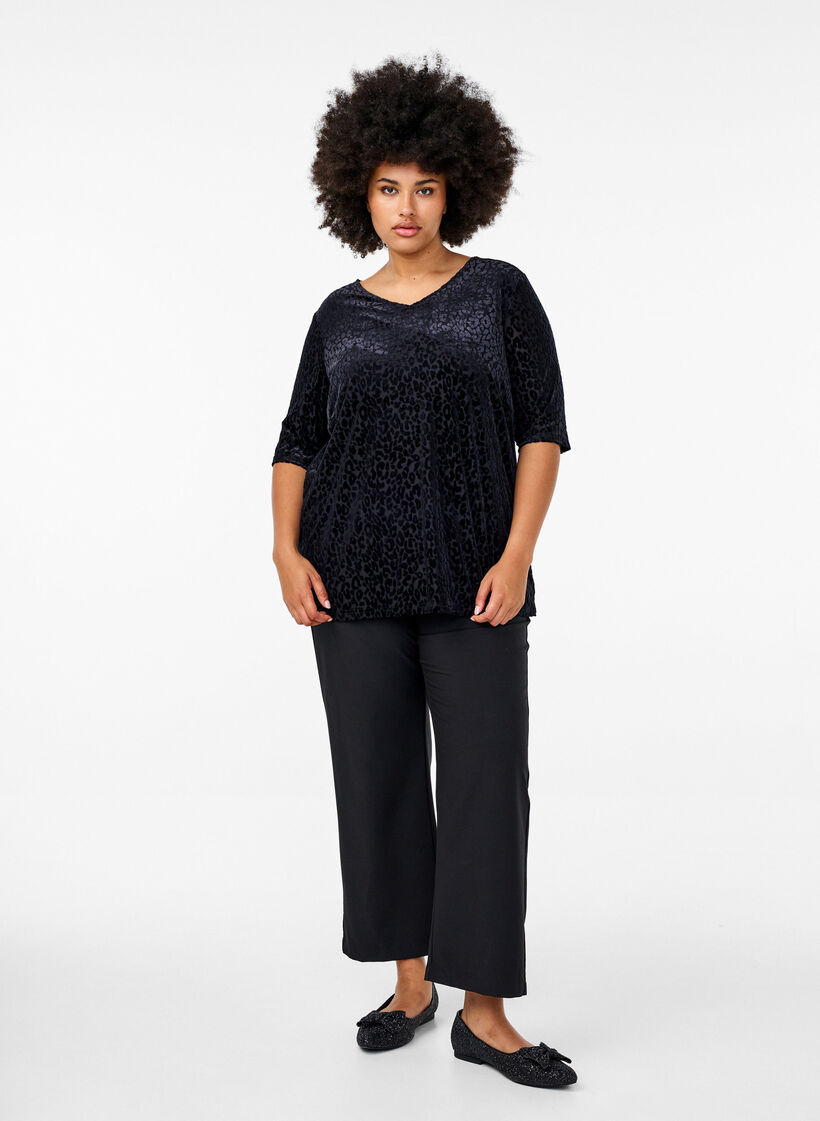 Bluse mit kurzen Ärmeln und Leopardenmuster, Schwarz, Model image number 1