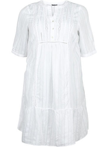 Gestreiftes Viskose Kleid mit Spitzenbändern, Bright White, Packshot image number 0