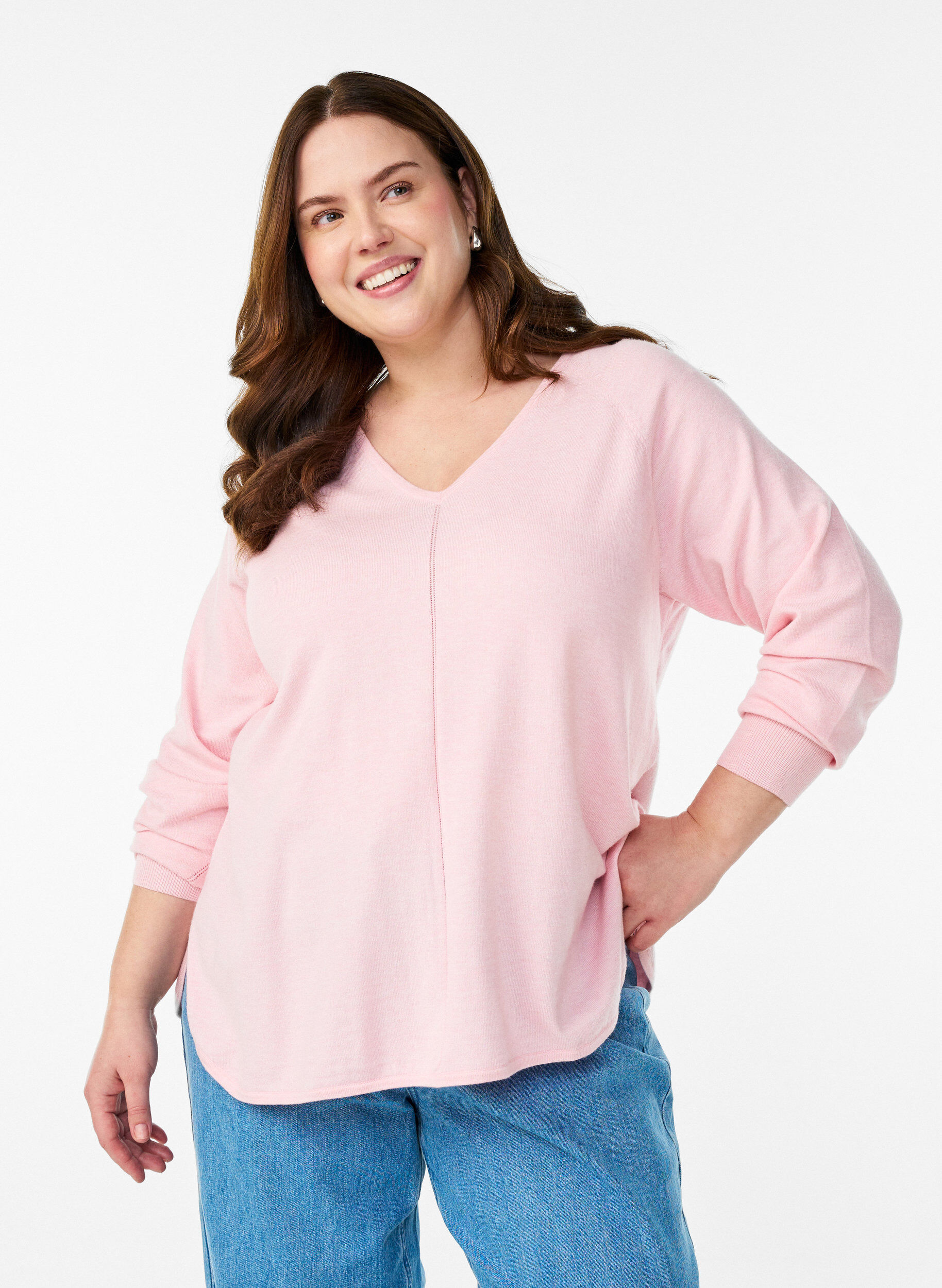 Bluse aus Feinstrick mit V-Ausschnitt und Detail auf der Vorderseite, Pink, Model