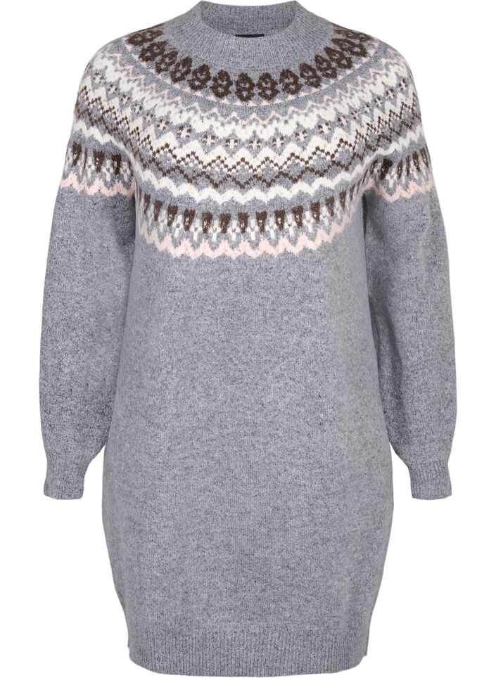 Strickkleid mit Jacquardmuster und langen Ärmeln, Medium Grey Comb, Packshot image number 0