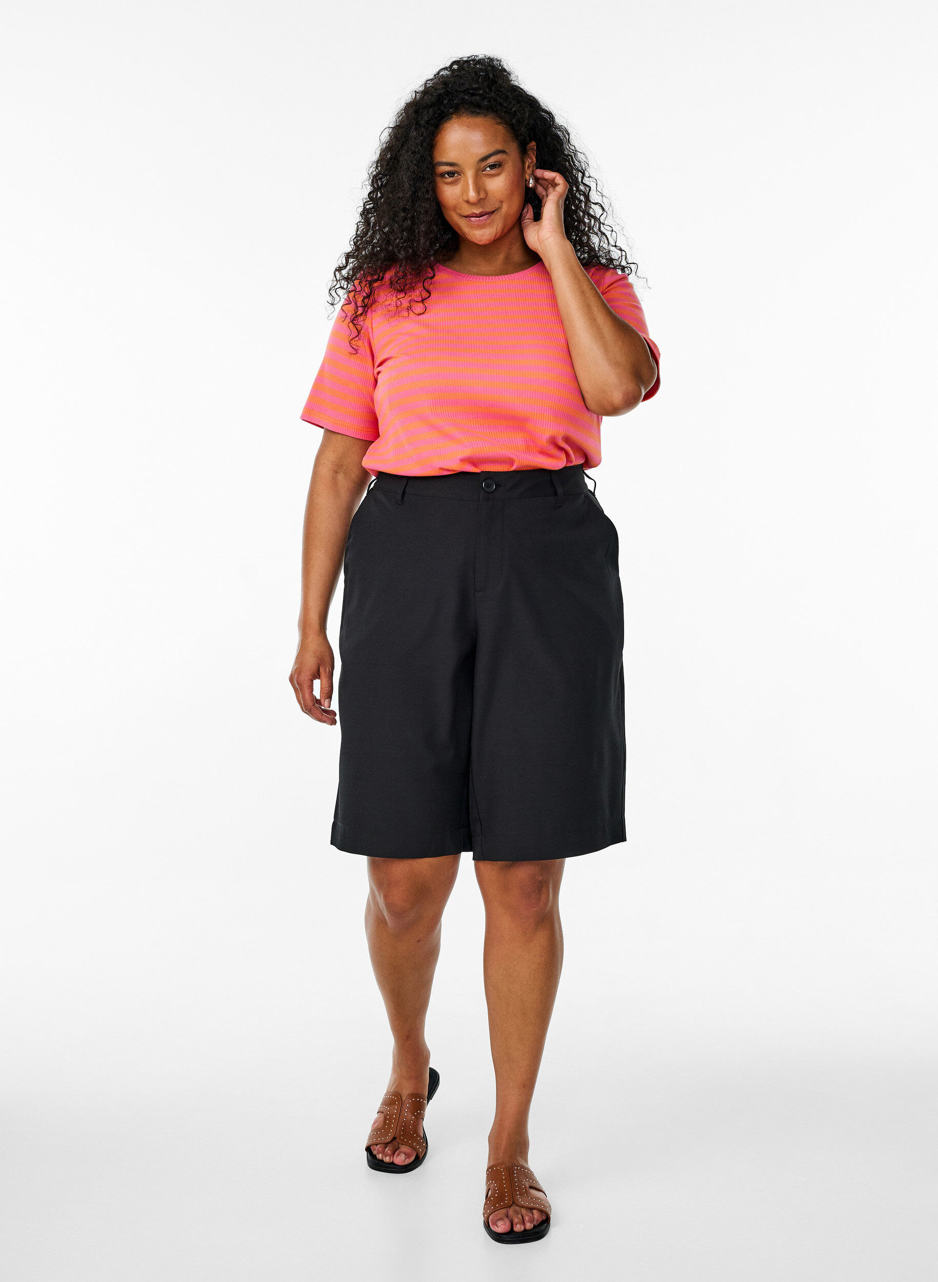 Zizzi Gestreiftes T-Shirt mit gerippter Struktur, Orange, Model image number 1