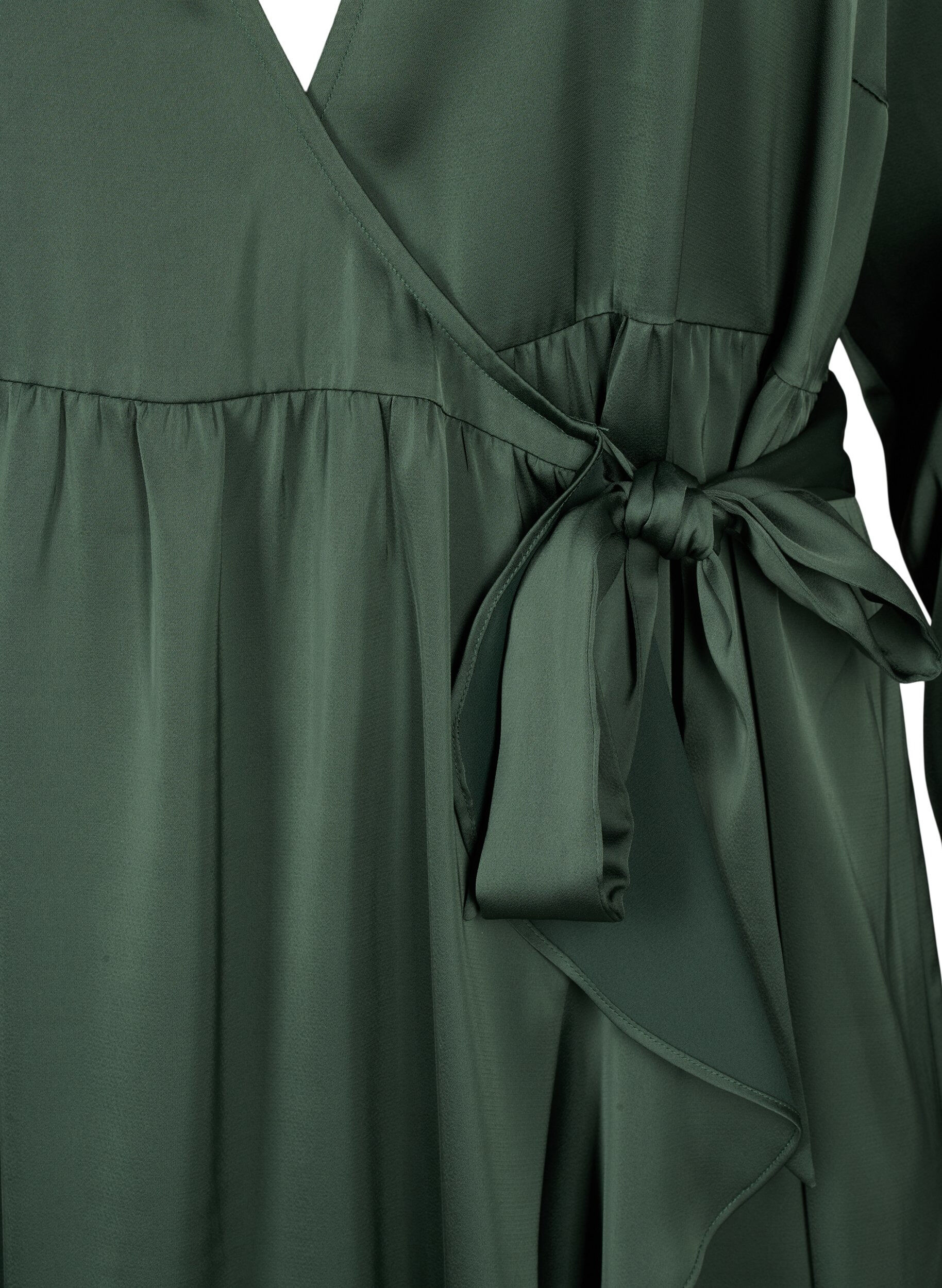 Zizzi Lang&auml;rmliges Wickelkleid aus Satin, Duck Green, Packshot image number 2