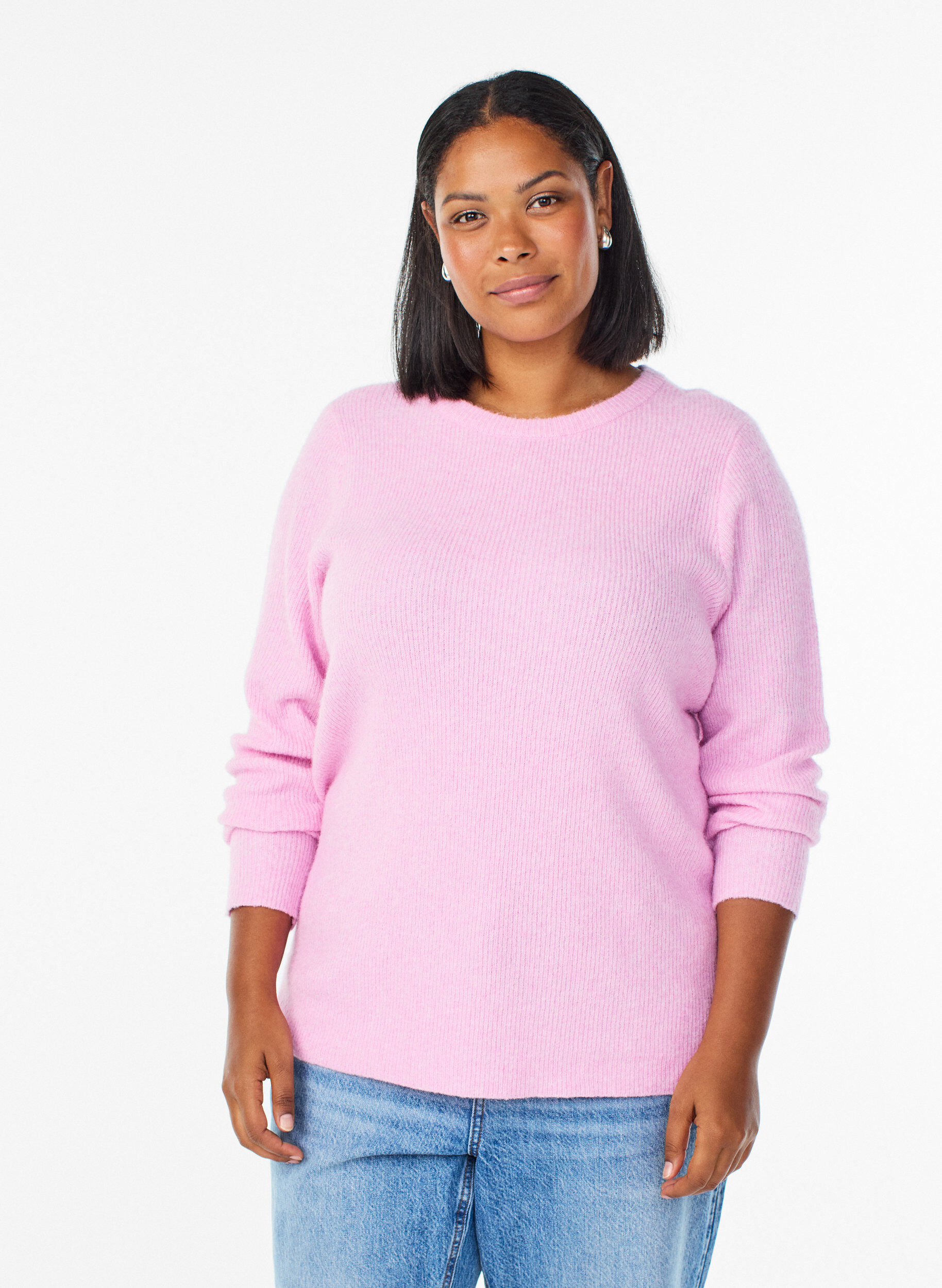 Melierte Strickbluse mit Rundhalsausschnitt, Pink, Model