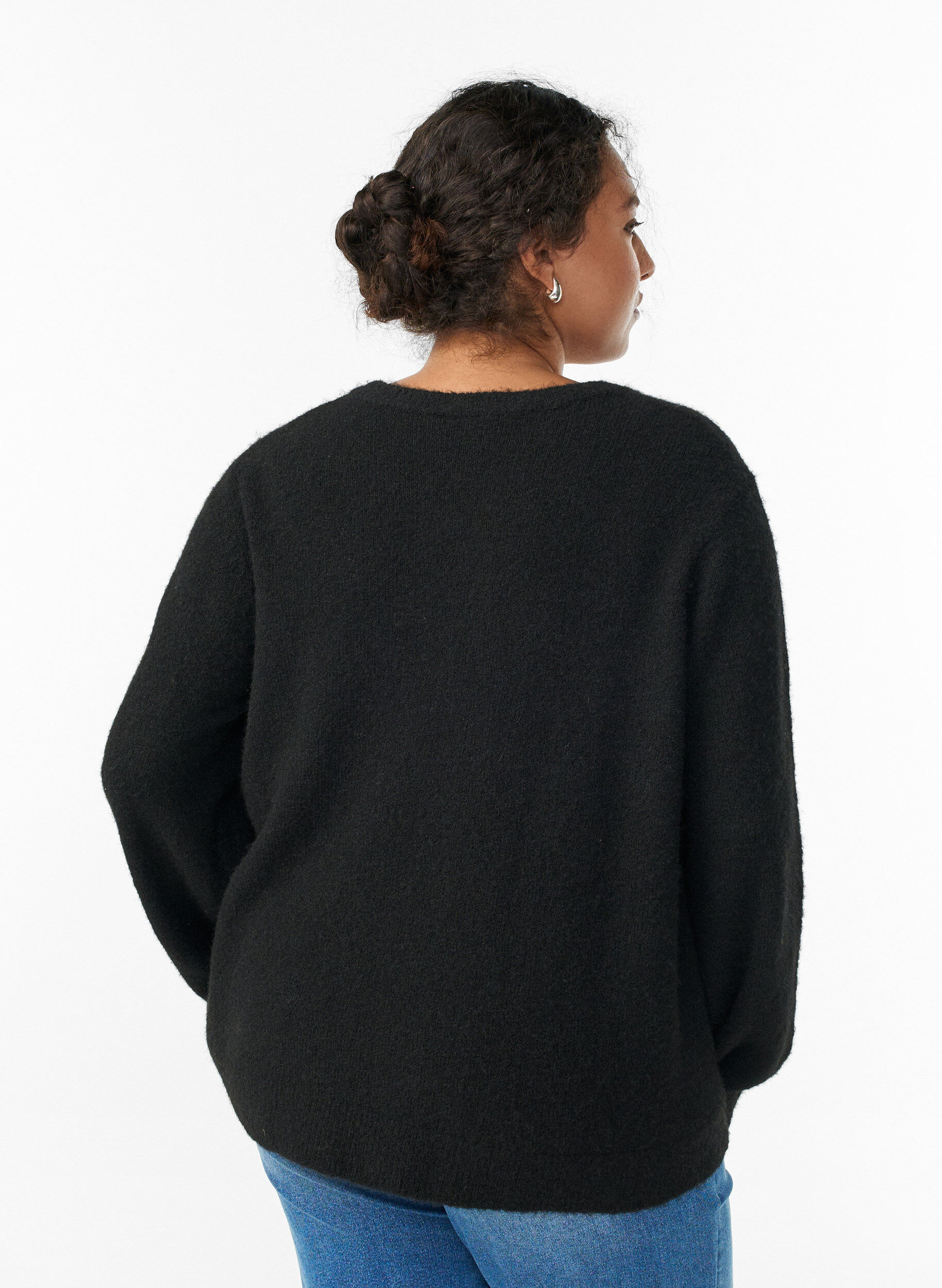 Zizzi Strickjacke aus Wolle mit Kn&ouml;pfen, Schwarz, Model image number 2