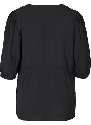 Bluse mit 3/4-Puffärmeln und Bindeband an der Taille, Black, Packshot image number 1