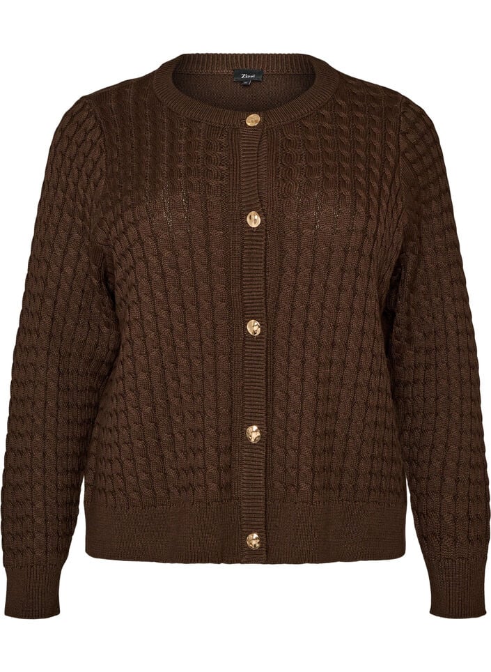Zopfmuster-Strickjacke mit goldenen Kn&ouml;pfen, Braun, Packshot image number 0