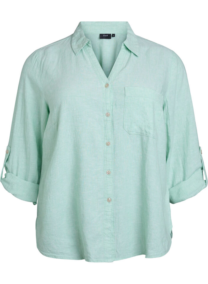 Bluse aus Leinen und Viskose mit 3/4-&Auml;rmeln, Gr&uuml;n, Packshot image number 0