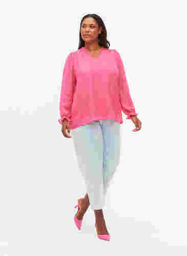 Bluse mit langen Ärmeln und Rüschendetails, Shocking Pink, Model image number 2