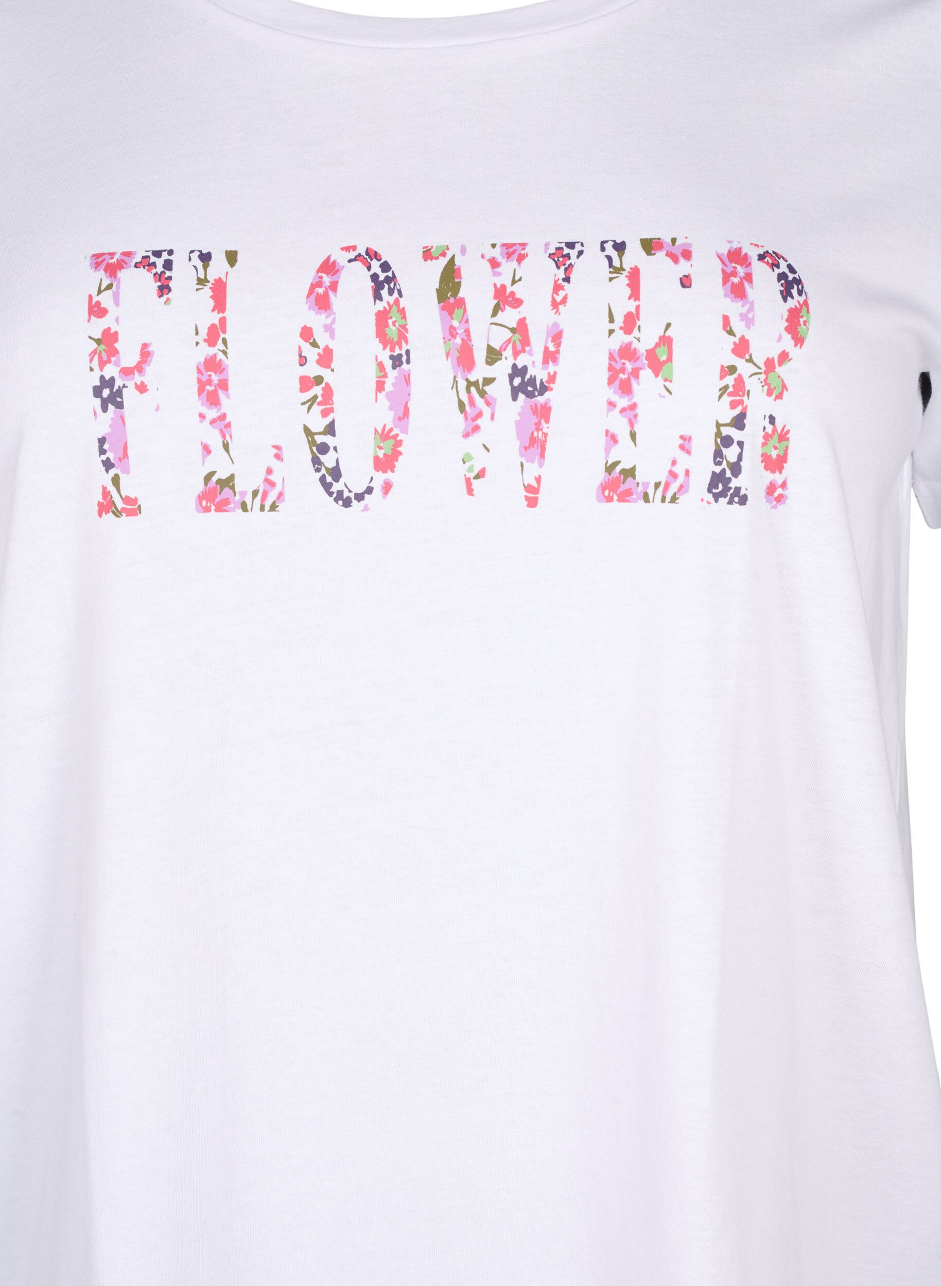 Zizzi Baumwoll-T-Shirt mit Textaufdruck, B. White w. Flower, Packshot image number 2
