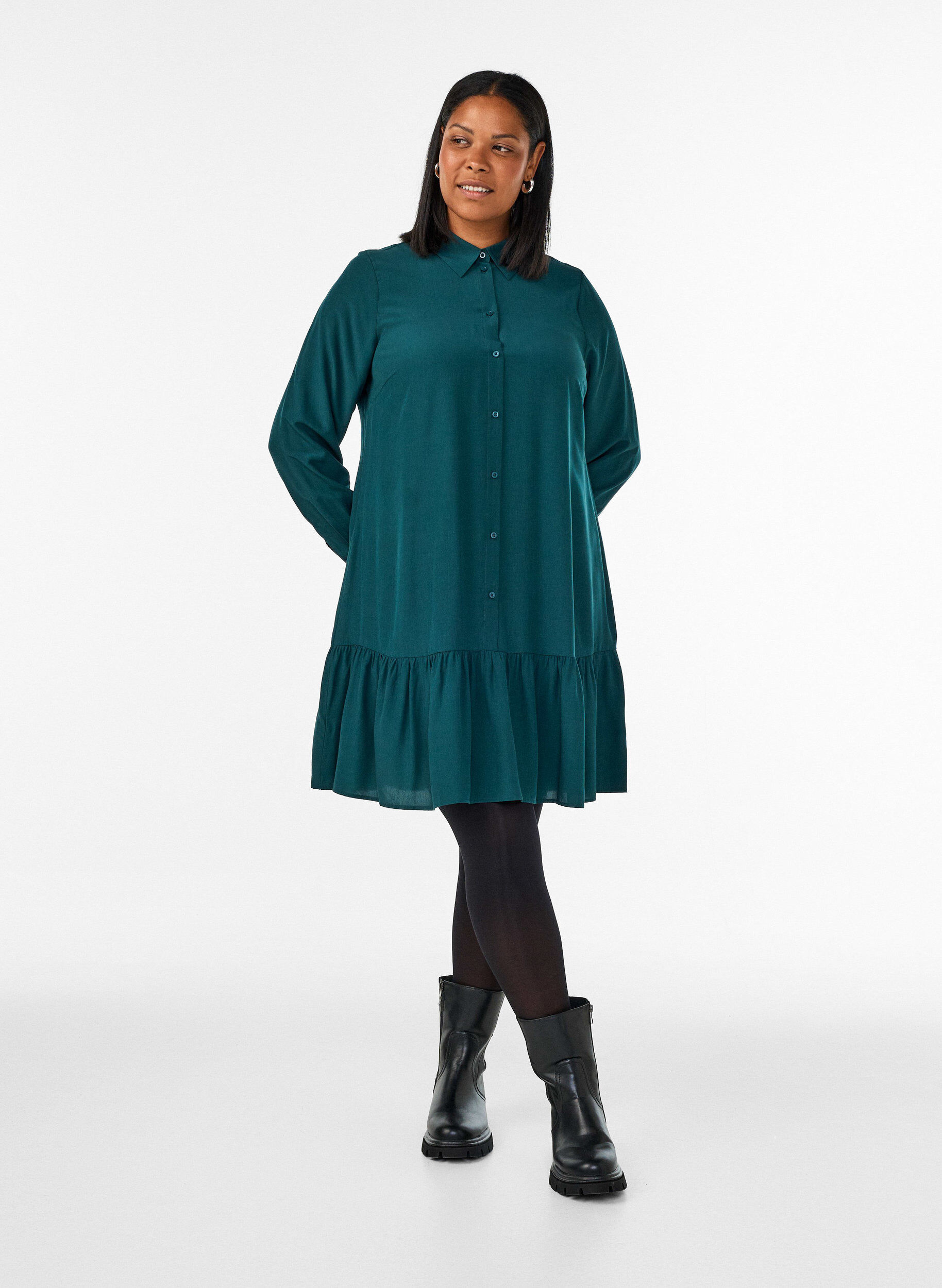 ZizziKurzes Hemdblusenkleid mit R&uuml;schenvolant, Gr&uuml;n, Model image number 1