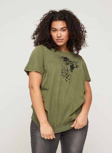 Kurzarm T-Shirt mit Acid Wash und Smock, Ivy Green acid wash, Model image number 0