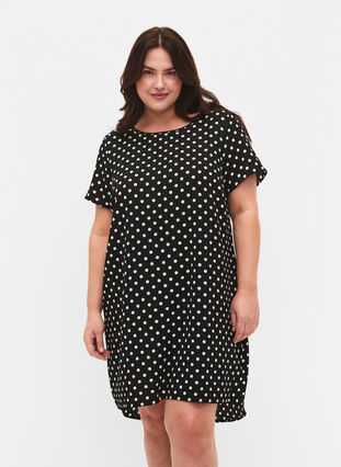Kleid mit Aufdruck und kurzen Ärmeln, Black w. Dots, Model image number 0