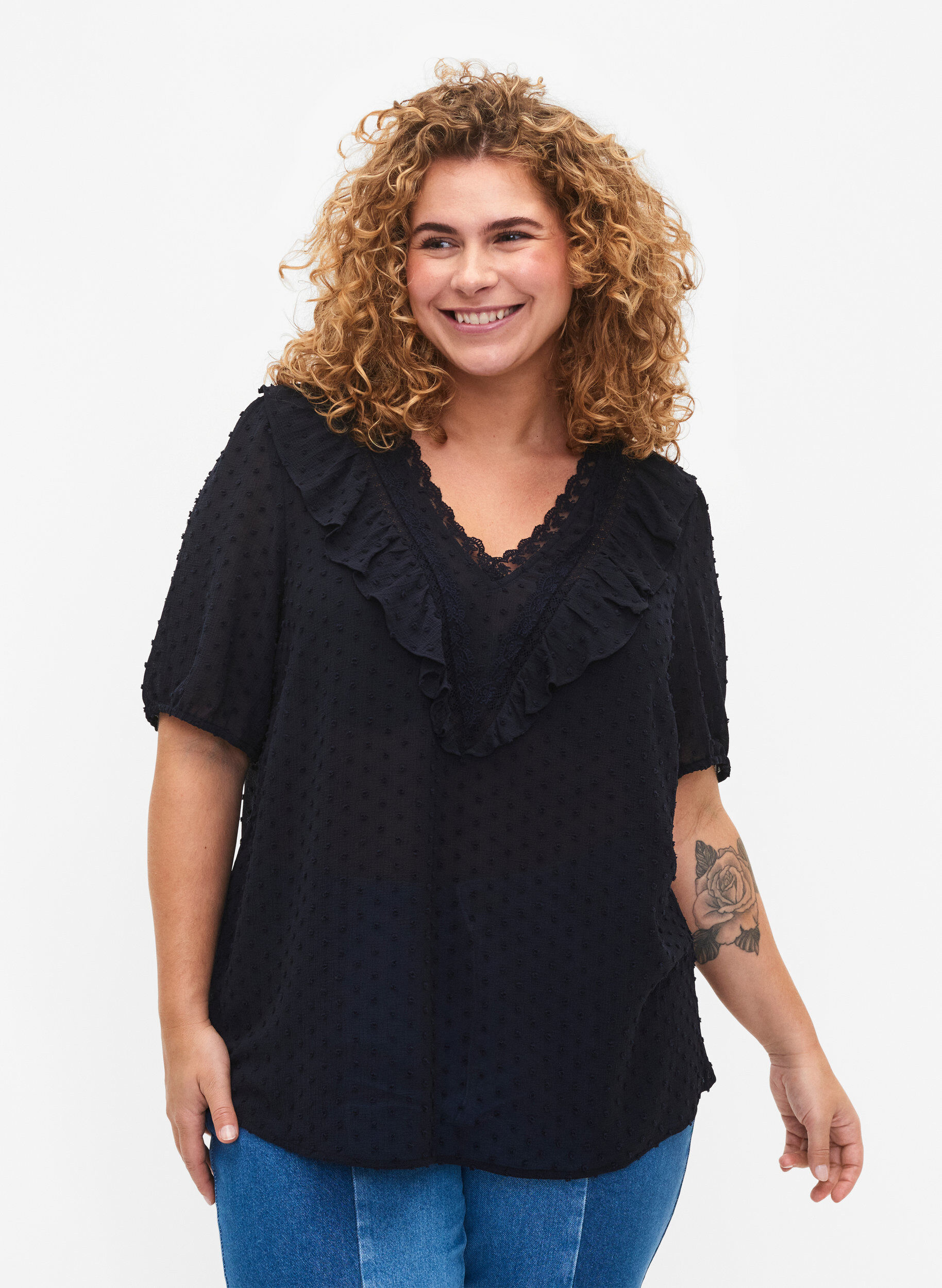 Zizzi Bluse mit kurzen &Auml;rmeln und gepunkteter Struktur, Night Sky, Model image number 0