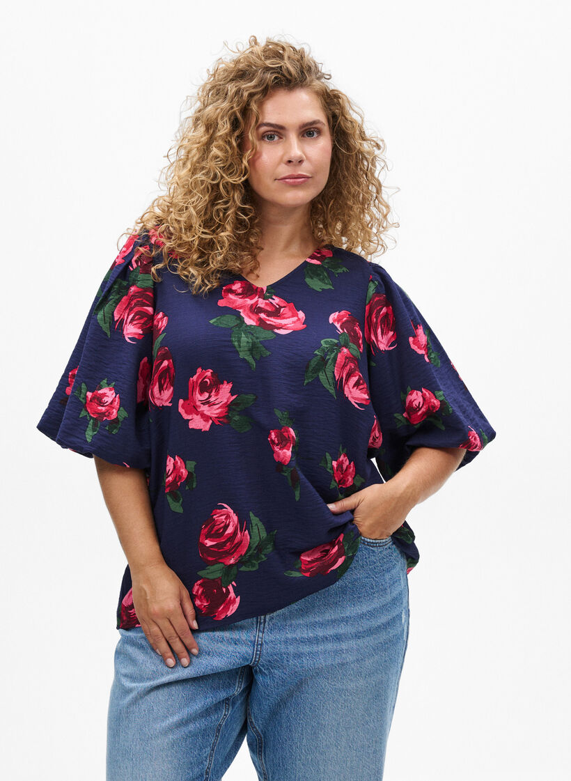 Bluse mit Rosenprint und kurzen Ballonärmeln, Blau, Model image number 0