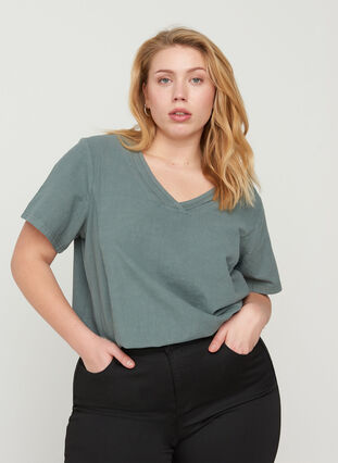 Kurzarm Bluse aus Baumwolle mit V-Ausschnitt, Balsam Green, Model image number 0