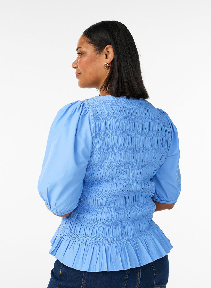 Smockbluse mit R&uuml;schensaum und U-Boot-Ausschnitt, Blau, Model image number 2