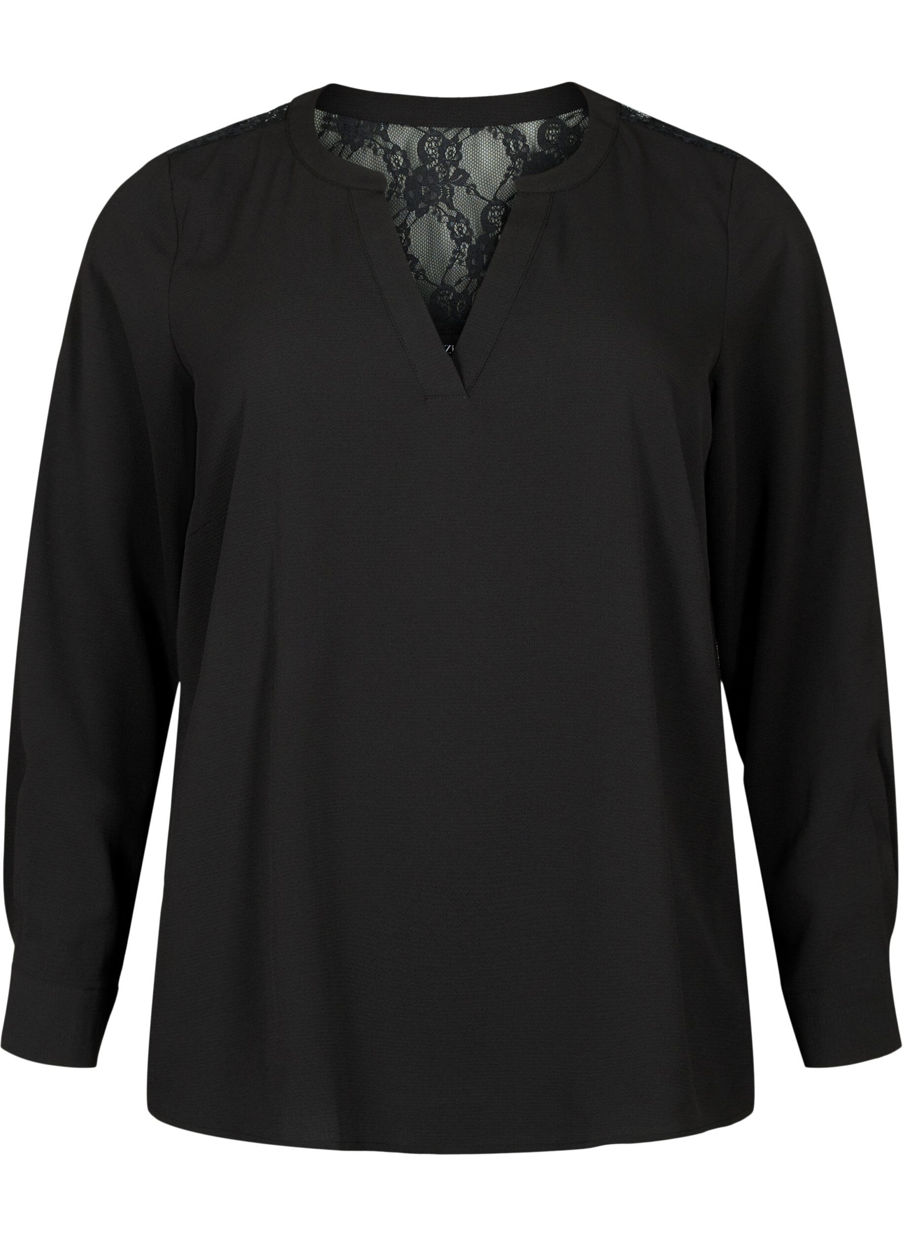 Zizzi Lang&auml;rmelige Bluse mit Spitzendetail , Black, Packshot image number 0