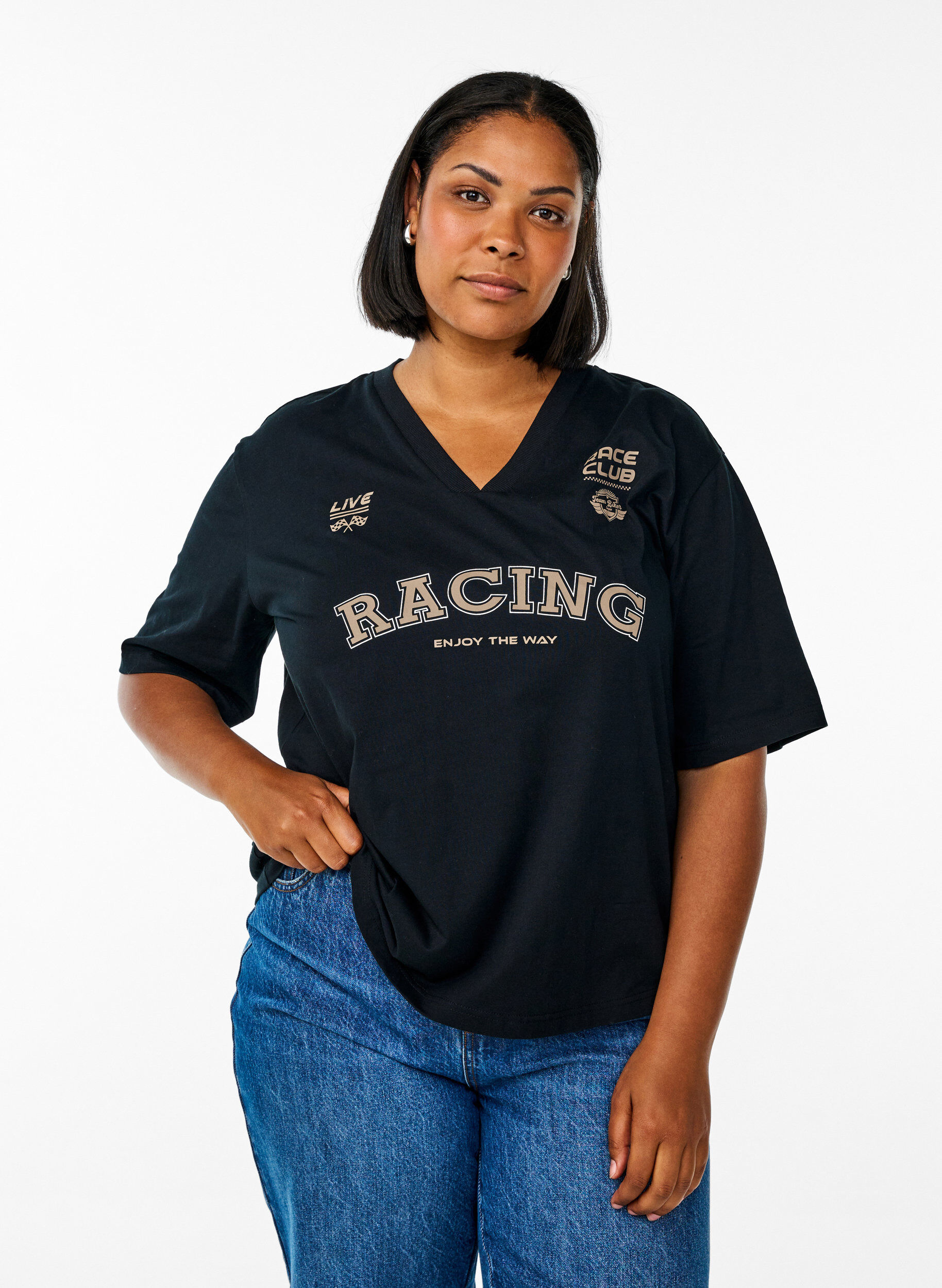 Oversize-T-Shirt mit Racing-Print, Schwarz, Model