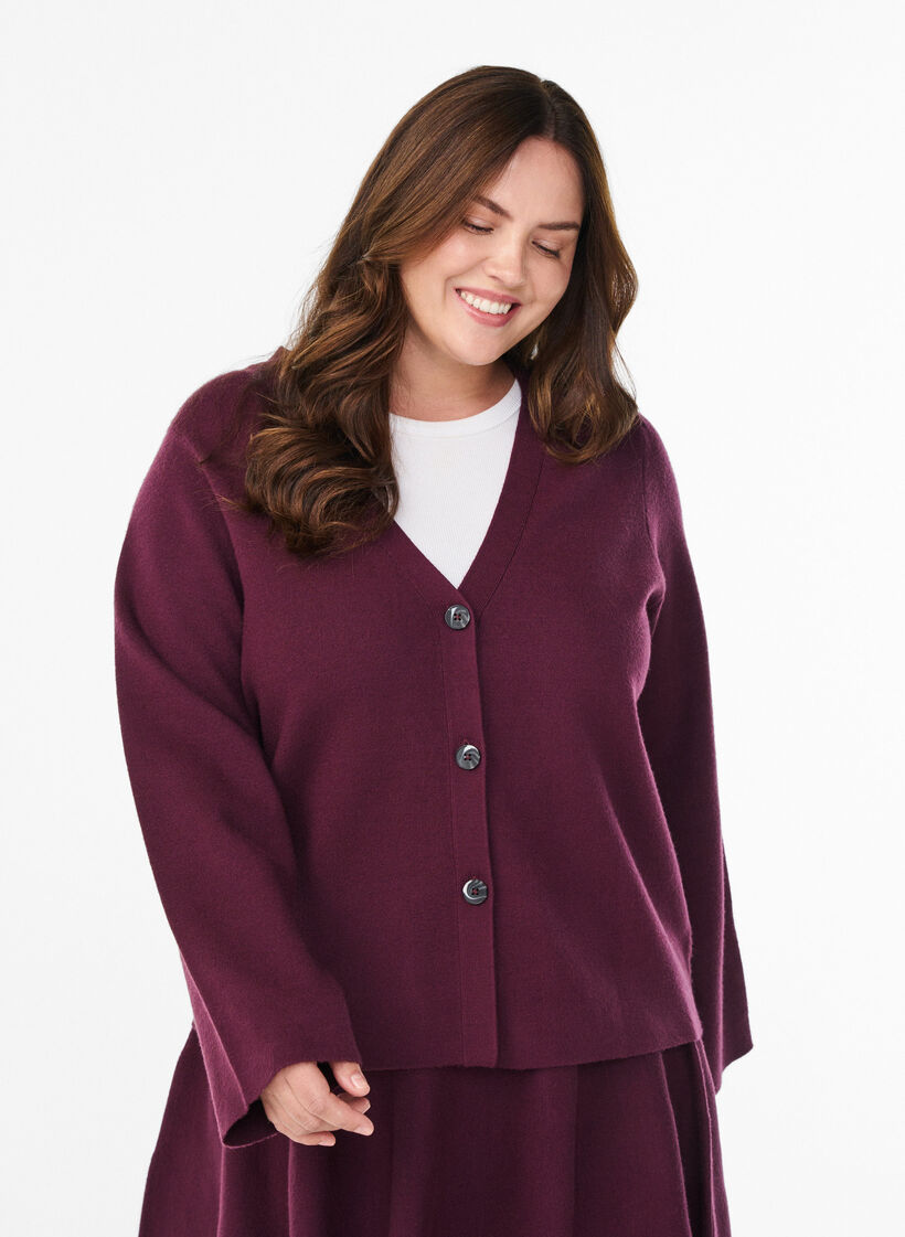 Cardigan mit V-Ausschnitt und weiten Ärmeln, Dunkles Bordeaux, Model image number 0