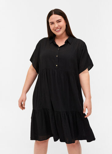 Gestreiftes Kleid aus Baumwollmischung, Black, Model image number 0