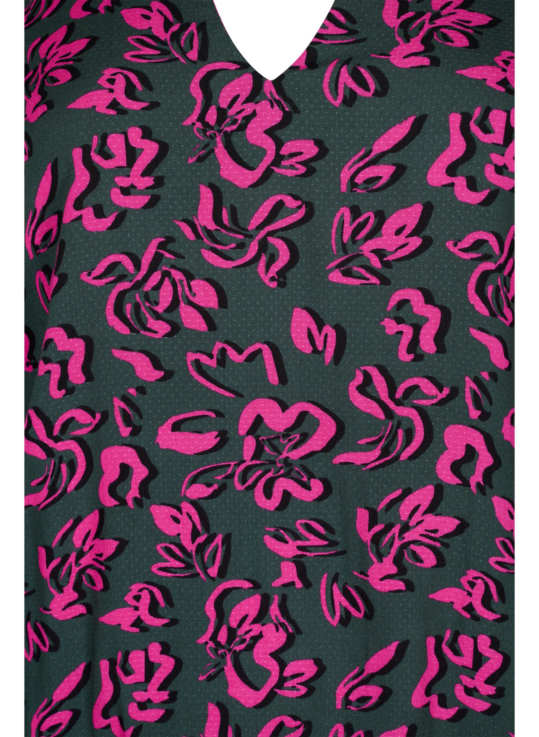 Zizzi Langarm Bluse aus Viskose mit Smock, Deep Forest AOP, Packshot image number 2