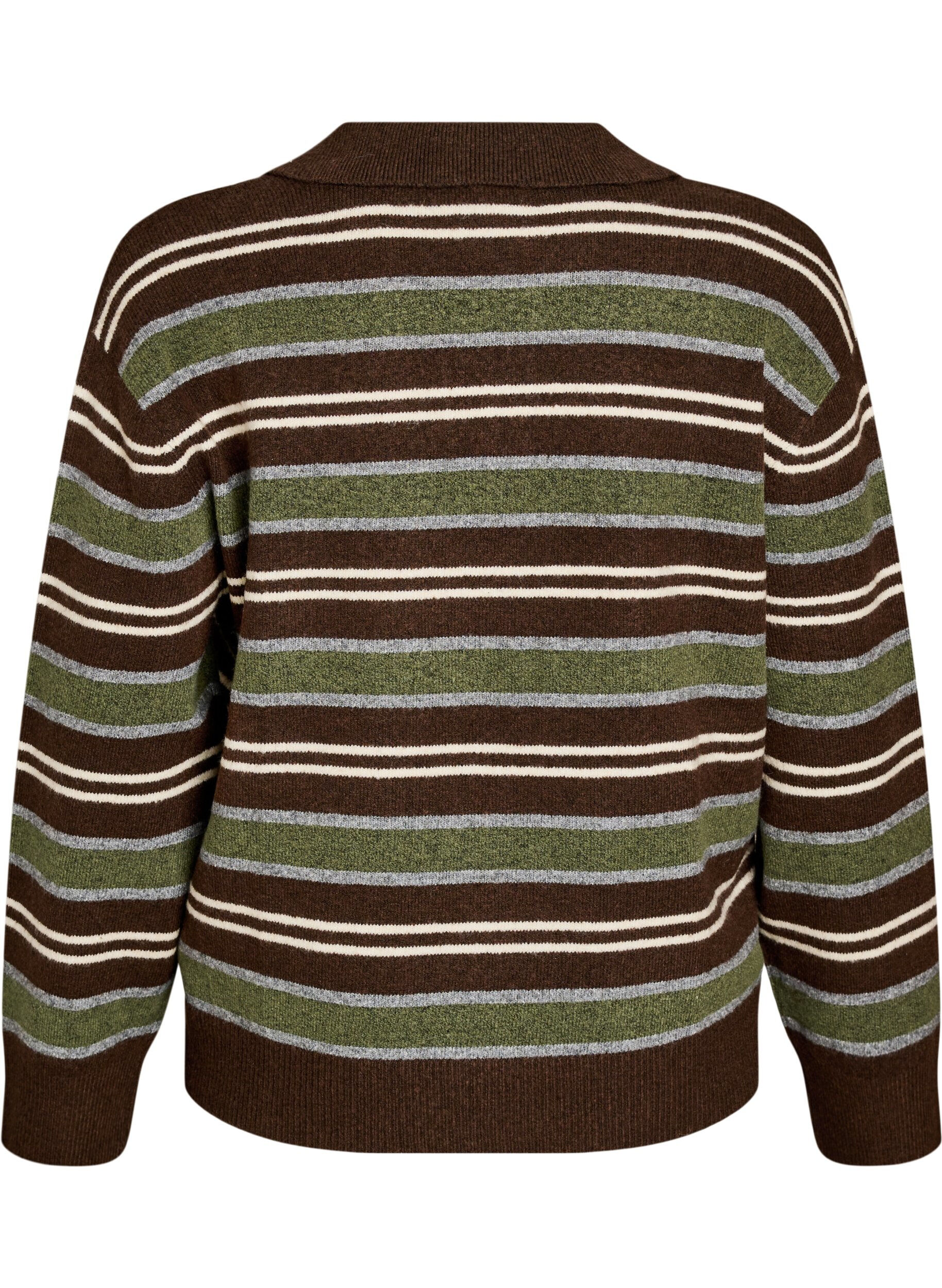 ZizziStrickbluse mit Streifen und Polokragen, Braun, Packshot image number 1