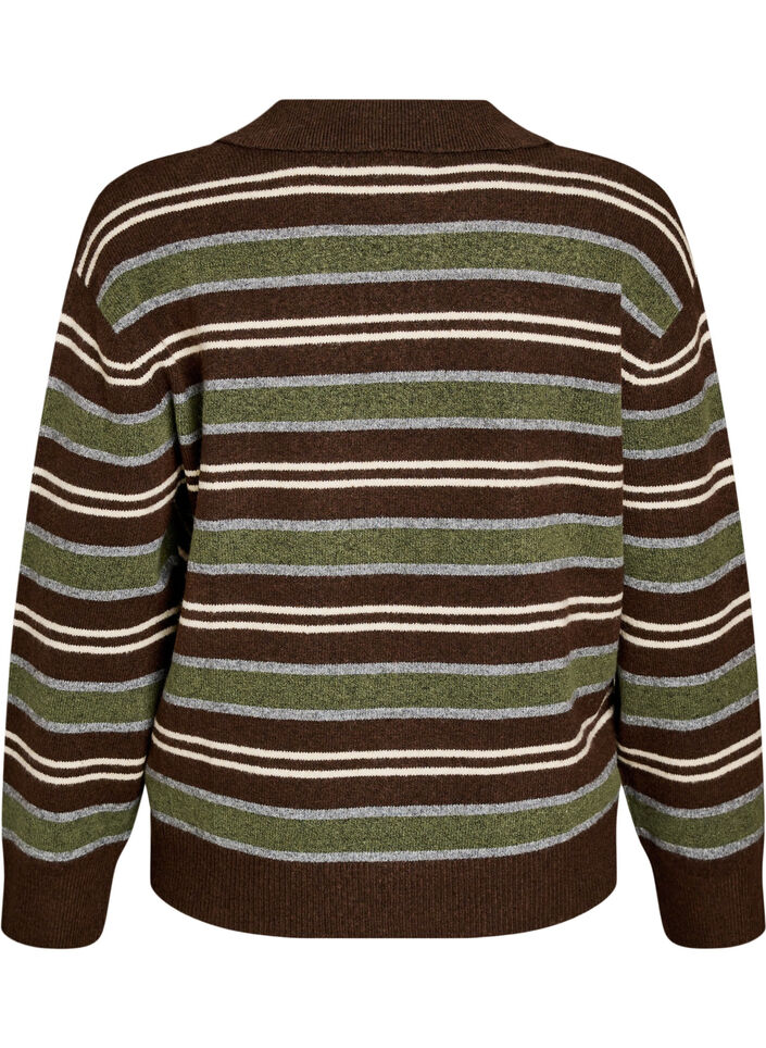 Strickbluse mit Streifen und Polokragen, Braun, Packshot image number 1