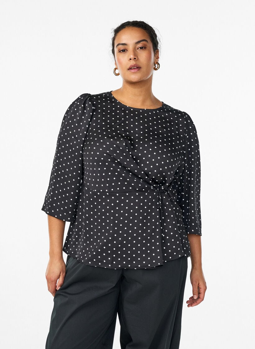 Gepunktete Bluse mit Bindeband und 3/4-&Auml;rmeln, Schwarz, Model image number 0