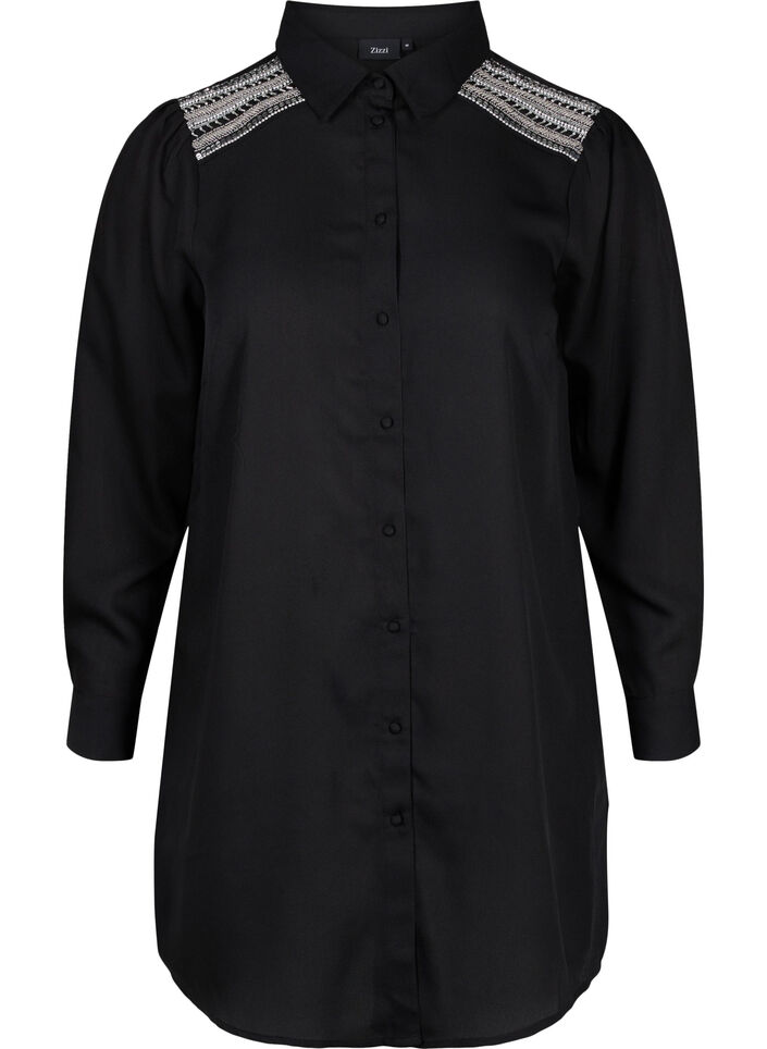 Langes Hemd mit Perlendetails, Black, Packshot image number 0