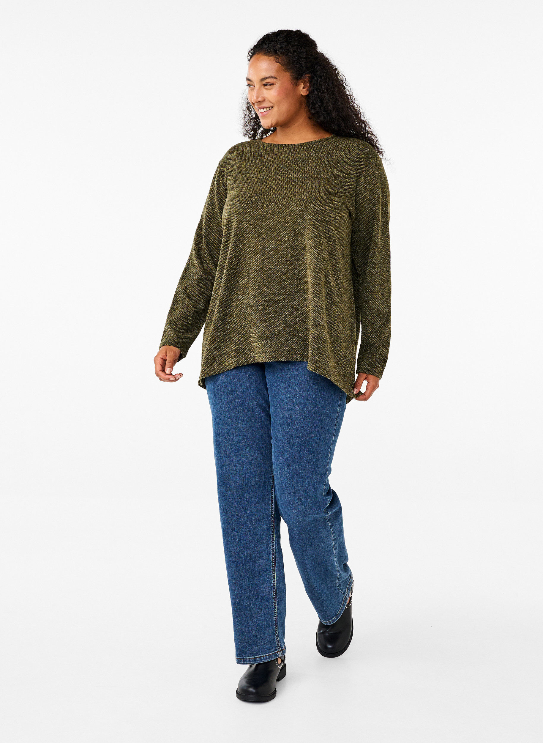 Zizzi Melange Bluse mit rund um den Neck und langen &Auml;rmel, Winter Moss, Model image number 2