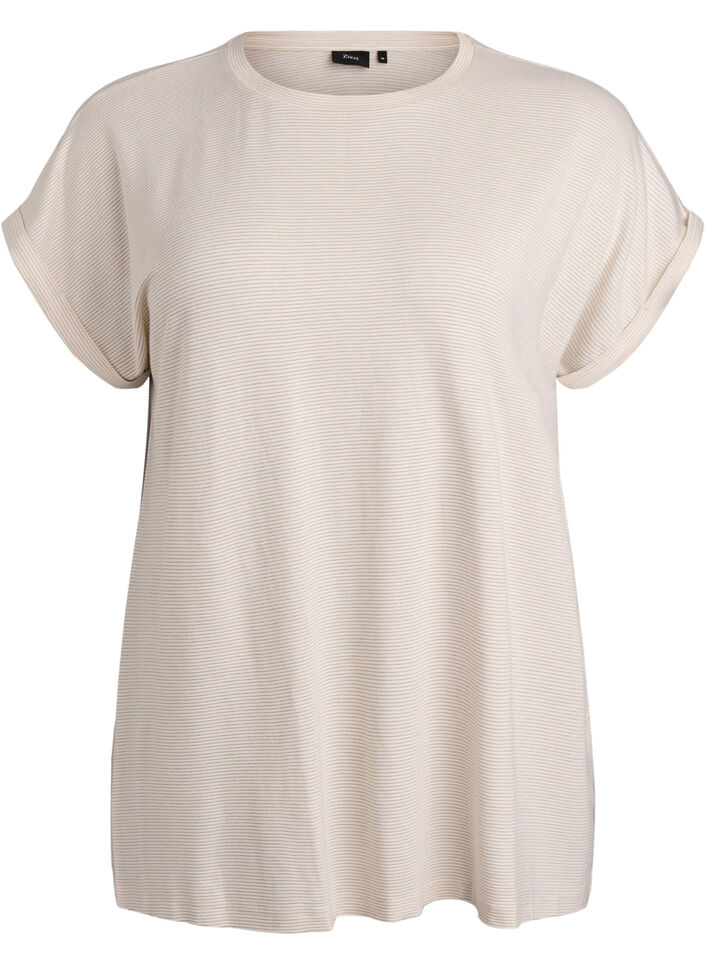 T-Shirt aus Viskose mit Glitzerstreifen, Vanille, Packshot image number 0