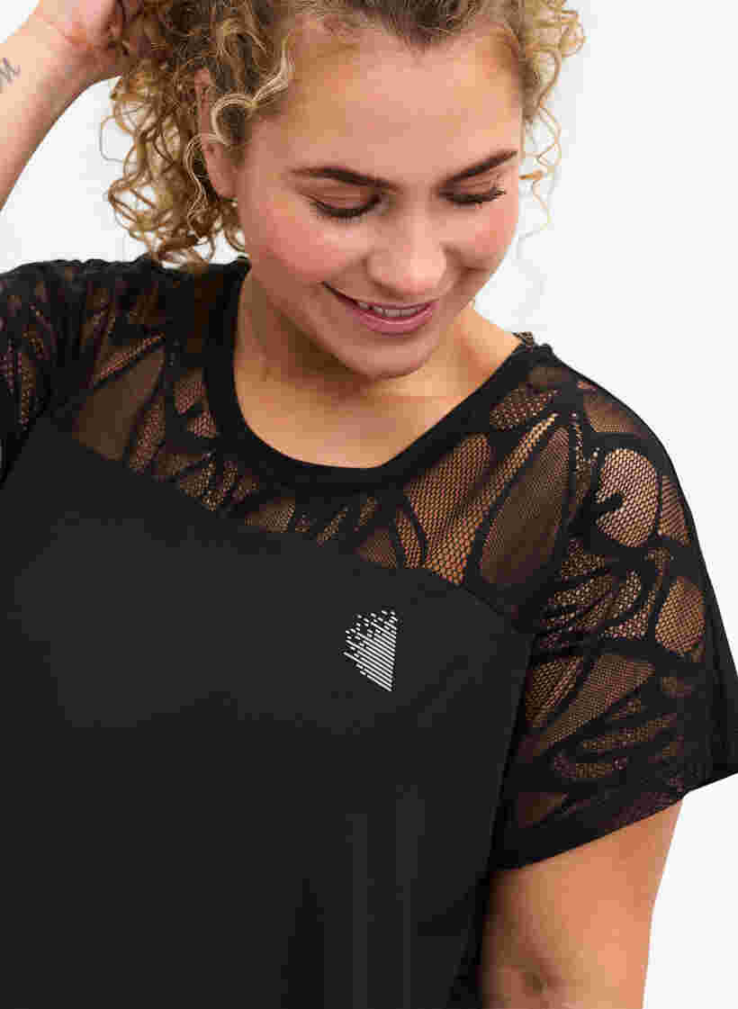 Kurzarm Trainings-T-Shirt mit gemustertem Mesh, Black, Model image number 2