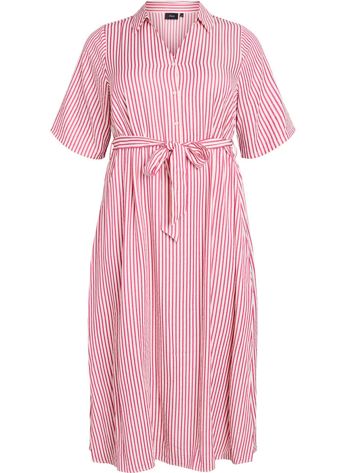Kn&ouml;chellanges Hemdblusenkleid mit Bindeg&uuml;rtel und Streifen, Pink, Packshot image number 0
