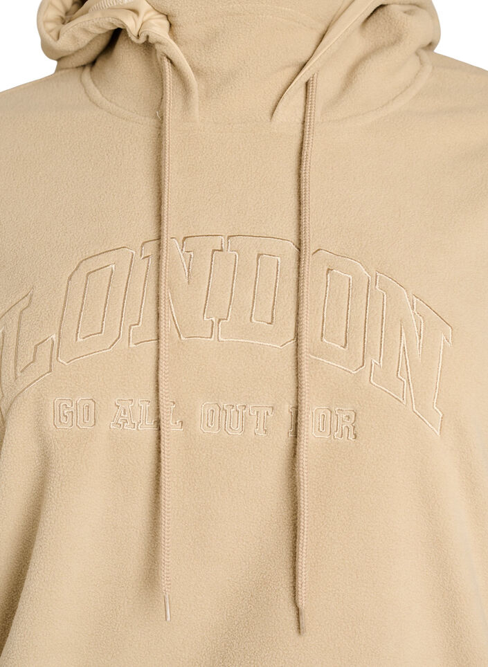Hoodie aus Fleece mit hohem Kragen und aufgesticktem Text, Beige, Packshot image number 2